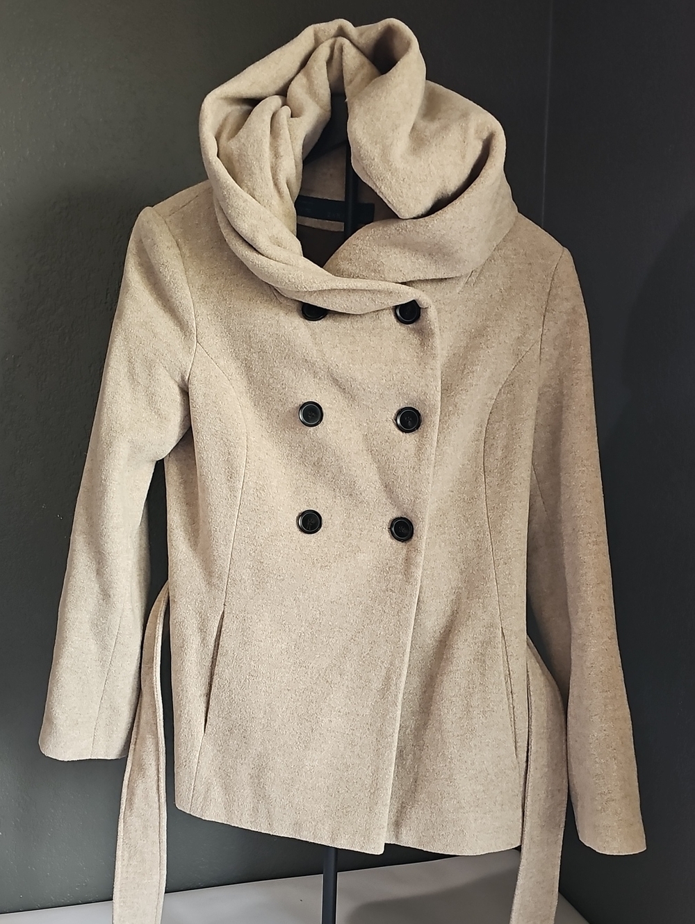 Zara Wool Cream Double-Breasted Cowl Neck Sweater Coat